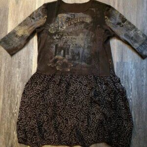 Edgy Y2K Upcycled Barcelona Graphic Tee Brown 3/4 Sleeve Midi Dress Size M Goth